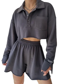 Женский комплект из 2 шорт, свитер с отложным воротником и длинным рукавом, укороченный топ с шортами на эластичной талии, наряд