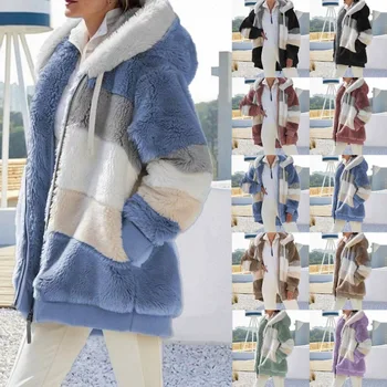 Зимнее женское плюшевое пальто 2023, модные куртки на молнии с капюшоном, повседневная теплая женская куртка-парка из искусственного меха в клетку с объемной строчкой,