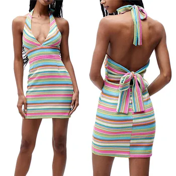Женское трикотажное облегающее платье с принтом Y2K, платья миди с открытой спиной, без рукавов, сексуальное короткое платье с открытой спиной, летнее пляжное