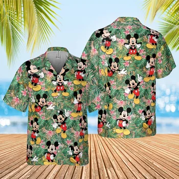 Гавайская рубашка с Микки Маусом, винтажная рубашка с коротким рукавом на пуговицах, гавайская рубашка Disney, повседневная пляжная мужская рубашка Magic Kingdom