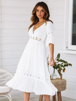 Летнее белое длинное платье, женское открытое лоскутное платье в стиле бохо, свободное платье с коротким рукавом и V-образным вырезом, модное повседневное элегантное женское платье