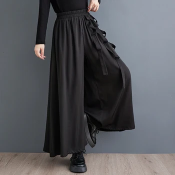 # 2924 Черные широкие брюки, женские эластичные уличные брюки с высокой талией, женские джоггеры, Свободные ленты длиной до щиколотки, Весна-лето