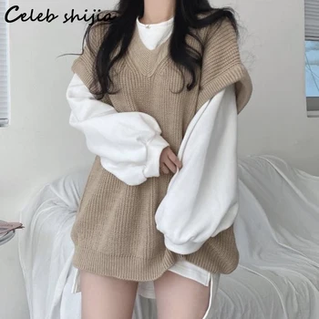 Шикарный свитер-жилет цвета Хаки, женские осенне-зимние шерстяные джемперы оверсайз с V-образным вырезом, женские зимние Корейские трикотажные изделия с коротким рукавом 2023 г.