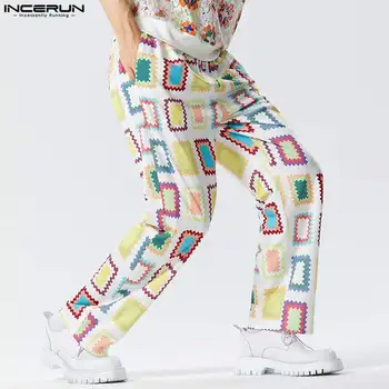 INCERUN 2023 Новые Мужские Модные Длинные брюки С Цветочным Ажурным Принтом, Стильные Уличные Мужские Прямые брюки на завязках S-5XL