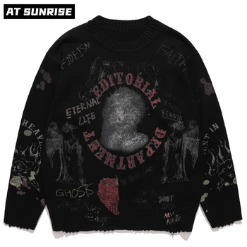 2021 Мужская Хип-хоп Уличная одежда, свитер в стиле харадзюку, Вязаный свитер с надписью Иисуса и граффити, зимний хлопковый пуловер Унисекс Оверсайз