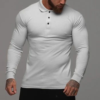 Мужская мускулистая повседневная рубашка с длинными рукавами и лацканами, Быстросохнущая Спортивная рубашка для занятий в тренажерном зале, дышащие спортивные рубашки, облегающая однотонная мужская рубашка