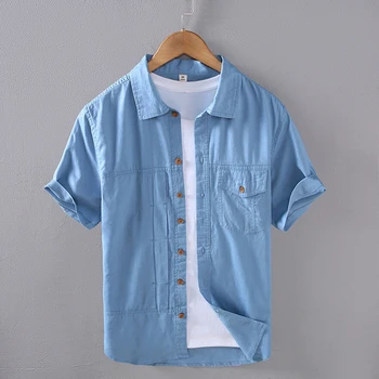 Мужская рубашка из хлопка и льна с короткими рукавами, летняя тонкая модная повседневная рубашка в стиле ретро с квадратным воротником и карманом, однотонная дышащая блузка