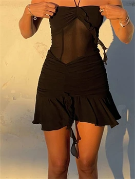 wsevypo Гранжевое готическое облегающее платье из черной сетки с разрезами, женское мини-платье с открытыми плечами, завязывающееся на шее, плиссированное мини-платье с оборками