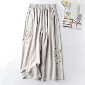 Повседневные брюки из хлопка и льна, женские Весенне-летние Ретро С вышивкой в этническом стиле, Свободные Укороченные брюки с широкими штанинами, s592