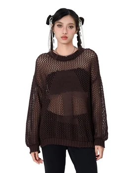 Женский вязаный свитер в стиле бохо-шик крючком с сеткой в виде звездочек - пуловер оверсайз для создания сказочного гранжевого образа