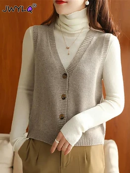 Однобортный вязаный свитер без рукавов с однотонным V-образным вырезом, Корейский модный Свободный мягкий свитер, жилеты, пальто, универсальные топы