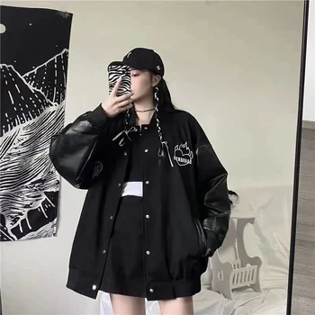 Черное пальто MEXZT Harajuku, женские куртки-бомберы в стиле пэчворк, уличная одежда Bf, повседневная бейсбольная куртка оверсайз с Корейским кожаным принтом