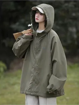 Спортивная куртка Hardshell, Женское пальто для отдыха на весну 2024, Корейская модная уличная одежда, Оверсайз, простая Повседневная куртка с капюшоном
