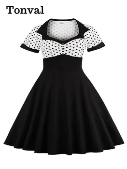 Тонвал, милая шея, высокая талия, винтажное женское длинное платье 50-х годов в горошек и черные женские платья-качели с размерами 3XL 4XL