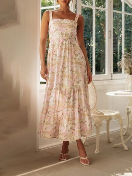 Женское летнее платье с цветочным рисунком, повседневное длинное платье без рукавов с квадратным вырезом, милое праздничное платье