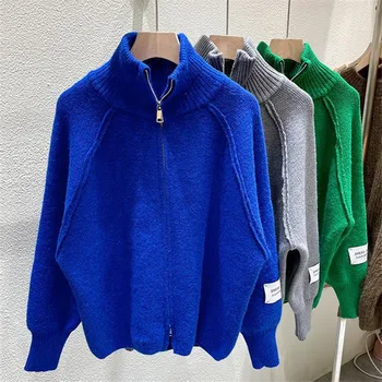 Однотонный свитер-кардиган на молнии, свитер с высоким воротом, куртка-свитер, синий Свитер, Кардиган Свободного кроя, женская одежда Coa Twomen