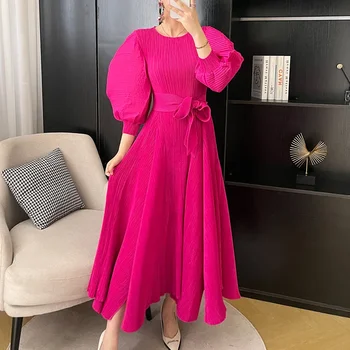 Оригинальное осеннее платье Miyake с плиссированным дизайном, Розово-красное Кружевное Свободное длинное платье с длинным рукавом и пузырчатым рукавом на высокой резинке