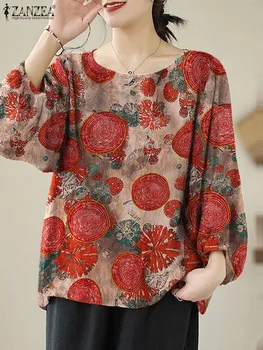 ZANZEA, Богемная праздничная рубашка, женская элегантная блузка с цветочным принтом, топы с пышными рукавами и круглым вырезом, женская модная свободная сорочка большого размера