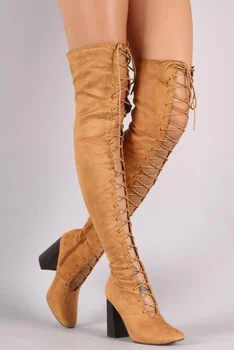 Летние женские ботинки с перекрестной шнуровкой, пикантные женские сапоги выше колена на высоком квадратном каблуке с острым носком, модные однотонные ботинки на высоком каблуке