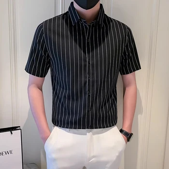 Летняя хлопковая Мужская рубашка с принтом в тонкую полоску, классические Деловые Повседневные Мужские рубашки с короткими рукавами, Корейская Японская одежда