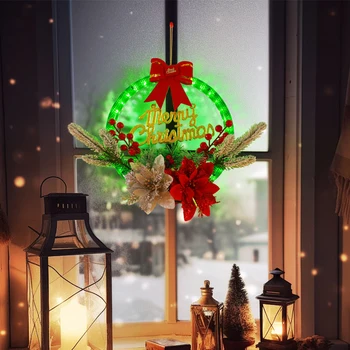 Веселый Рождественский светящийся венок, висящий на двери Цветочный обруч, ночник, светодиодное окружающее освещение, гирлянды, принадлежности для праздничных вечеринок