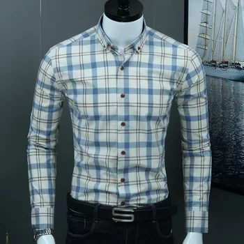 2023 Мужская рубашка в контрастную клетку из 100% хлопка с длинным рукавом, без карманов, повседневные рубашки стандартной посадки на пуговицах
