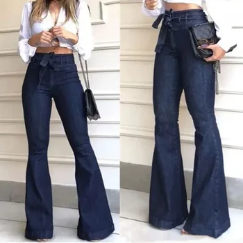 Длинные брюки с широкими штанинами на слегка эластичной шнуровке с высокой талией, женские джинсы, европейские и американские брюки-клеш