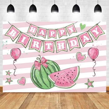 Laeacco Розовый в полоску Арбуз, воздушный шар, портрет ребенка на день рождения, Изготовленный на заказ фон для фотосъемки, фон для фотостудии